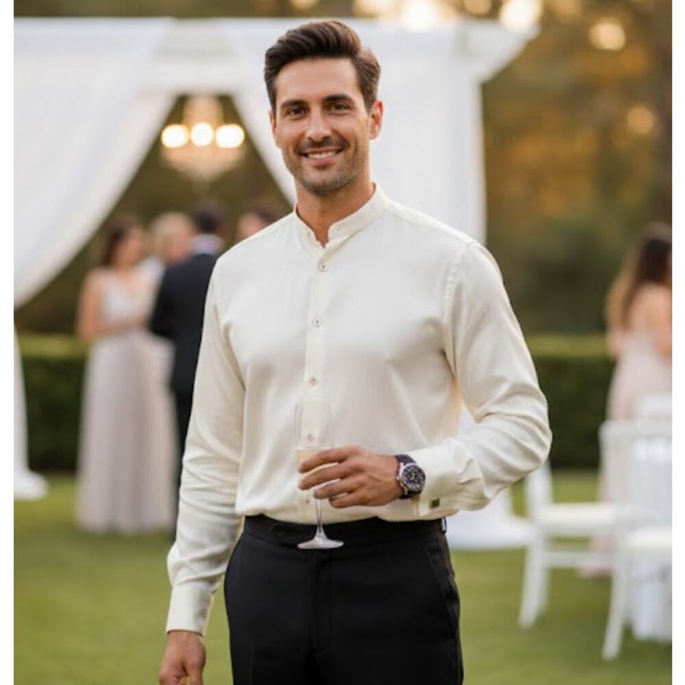 Gianni Versace Vintage Silk Blend Tuxedo Shirt Cream Rhinestone Button L/50